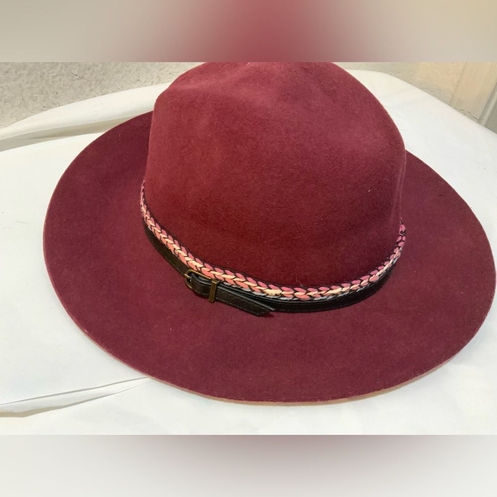 Women's Burgundy Felt Wide-Brim Hat with Braided Trim